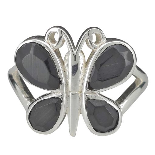 Faceted Black Onyx Sterling Silver Butterfly Ring