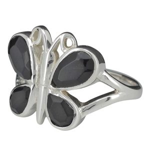 Faceted Black Onyx Sterling Silver Butterfly Ring