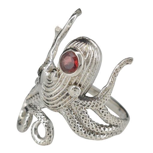 Faceted Garnet Sterling Silver Octopus Ring
