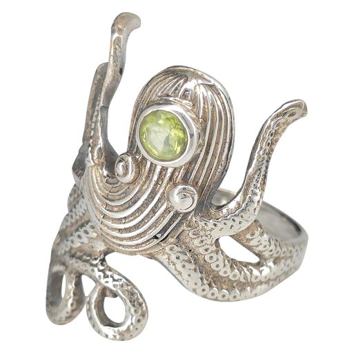 Faceted Peridot  Sterling Silver Octopus Ring