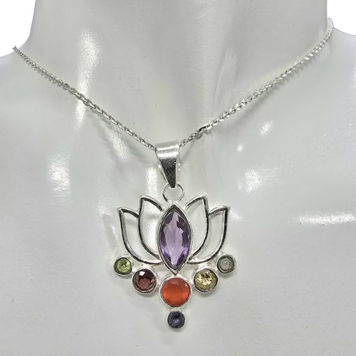 Gemstones Sterling Silver Lotus Pendant - Image 2