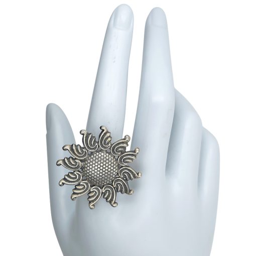 Oxidized Sterling Silver Sunflower Adjustable Ring - Image 3