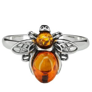 Cognac Amber Sterling Silver Bee Ring