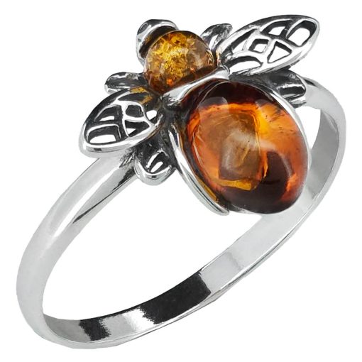 Cognac Amber Sterling Silver Bee Ring