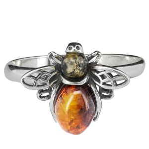 Multi-Color Amber Sterling Silver Bee Ring. Oval and round-shaped amber stones set in .925 sterling silver. Genuine Baltic amber.
