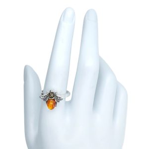 Multi-Color Amber Sterling Silver Bee Ring. Oval and round-shaped amber stones set in .925 sterling silver. Genuine Baltic amber.