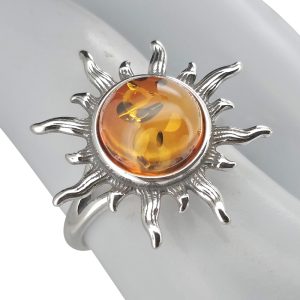 Cognac Amber Sterling Silver Sun Ring