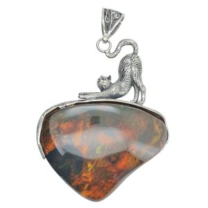 Natural Amber Sterling Silver Cat Handmade Pendant