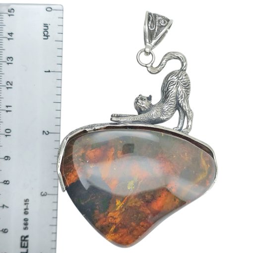 Natural Amber Sterling Silver Cat Handmade Pendant