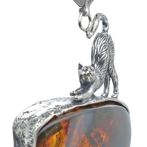 Natural Amber Sterling Silver Cat Handmade Pendant - Image 3