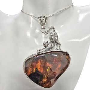 Alternative view of Natural Amber Sterling Silver Cat Handmade Pendant