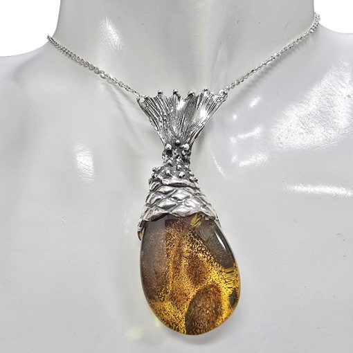 Natural Amber Sterling Silver Handmade Fish Tail Pendant - Image 2
