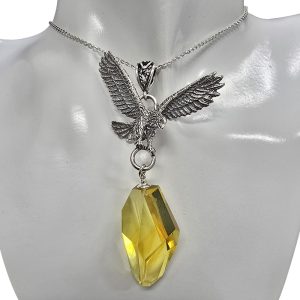 Alternative view of Amber Oxidized Silver Handmade Hawk Pendant