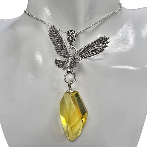 Amber Oxidized Silver Handmade Hawk Pendant - Image 2