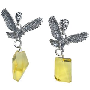 Amber Oxidized Silver Handmade Hawk Pendant