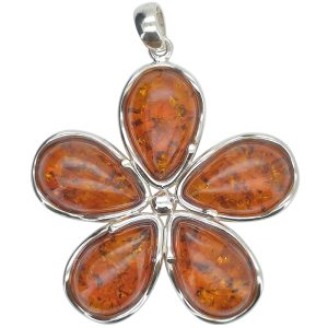 Cognac Amber Sterling Silver Flower Pendant