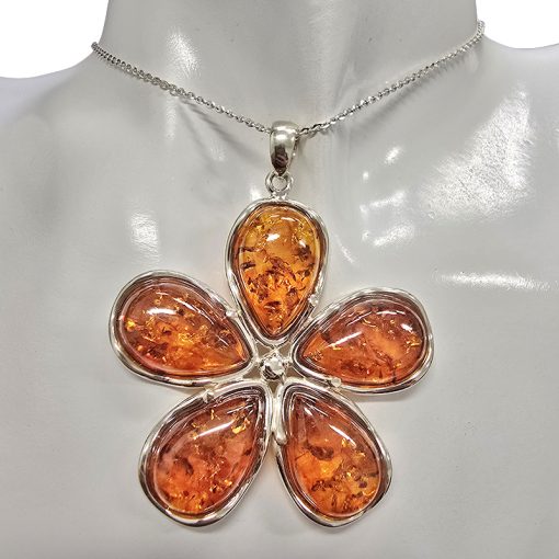 Cognac Amber Sterling Silver Flower Pendant - Image 2