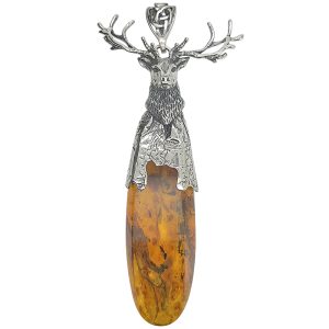 Natural Amber Sterling Silver Deer Handmade Pendant