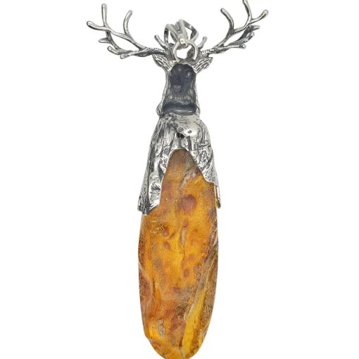 Natural Amber Sterling Silver Deer Handmade Pendant - Image 4
