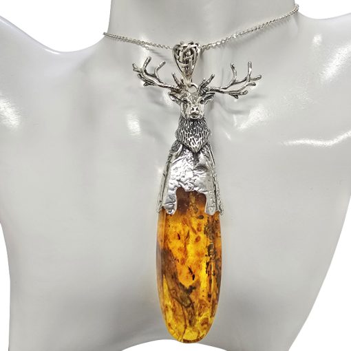 Natural Amber Sterling Silver Deer Handmade Pendant - Image 2