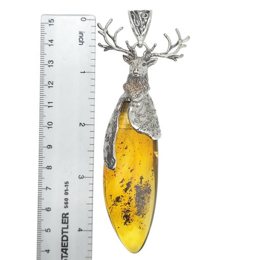 Natural Amber Sterling Silver Deer Handmade Pendant - Image 3