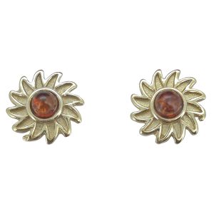 Cognac Amber Gold Plated Silver Flower Stud Earrings