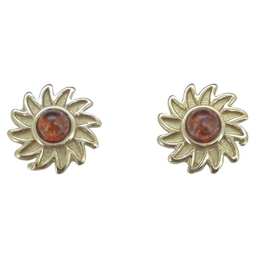 Cognac Amber Gold Plated Silver Flower Stud Earrings