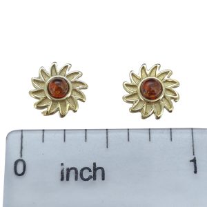 Cognac Amber Gold Plated Silver Flower Stud Earrings