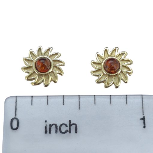 Cognac Amber Gold Plated Silver Flower Stud Earrings