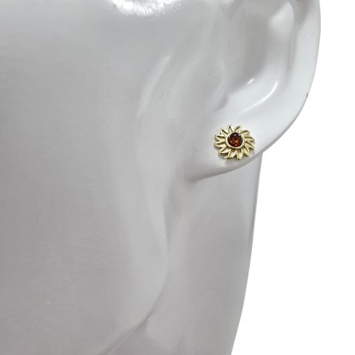 Cognac Amber Gold Plated Silver Flower Stud Earrings - Image 2