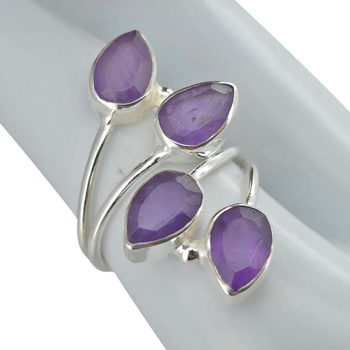 Climbing Teardrop 4-Stone Faceted Amethyst Silver Adjustable Ring
