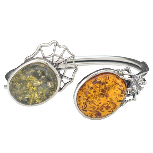 Multi-Color Amber Sterling Silver Spider And Web Cuff Bracelet