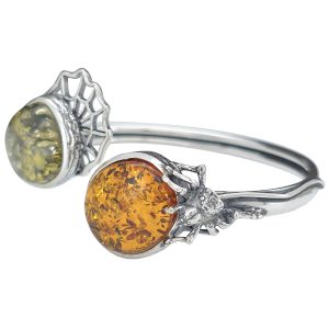 Multi-Color Amber Sterling Silver Spider And Web Cuff Bracelet